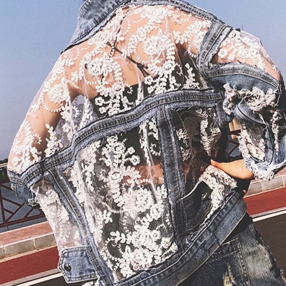 Womens Denim Lace Inset Raw Edge Boho Beautiful Jacket sz medium - Picture 5 of 9